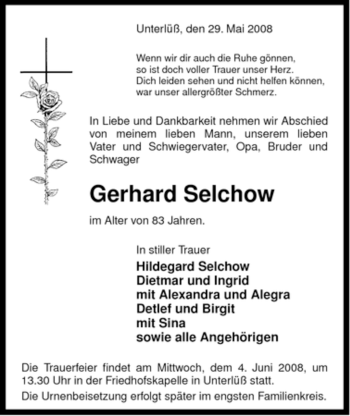 Traueranzeige von Gerhard Selchow von ALLGEMEINE ZEITUNG UELZEN