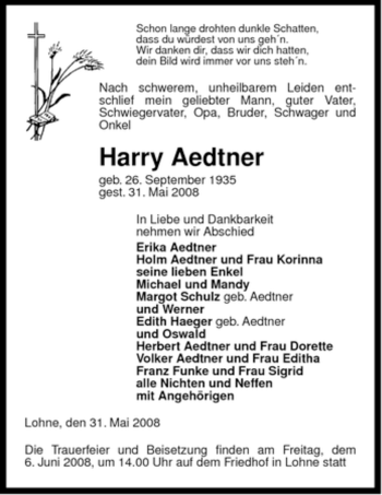 Traueranzeige von Harry Aedtner von ALLGEMEINE ZEITUNG UELZEN