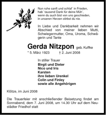 Traueranzeige von Gerda Nitzpon von ALLGEMEINE ZEITUNG UELZEN
