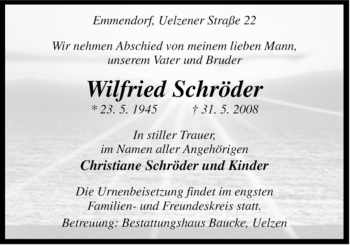 Traueranzeige von Wilfried Schröder von ALLGEMEINE ZEITUNG UELZEN