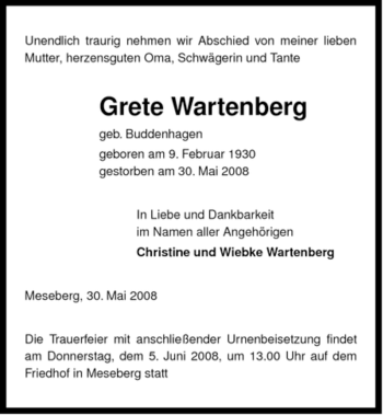 Traueranzeige von Grete Wartenberg von ALLGEMEINE ZEITUNG UELZEN