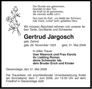 Traueranzeige von Gertrud Jargosch von ALLGEMEINE ZEITUNG UELZEN