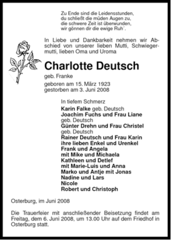 Traueranzeige von Charlotte Deutsch von ALLGEMEINE ZEITUNG UELZEN