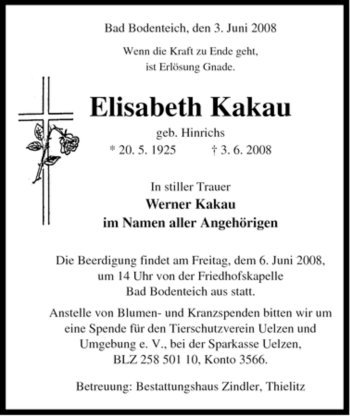 Traueranzeige von Elisabeth Kakau von ALLGEMEINE ZEITUNG UELZEN