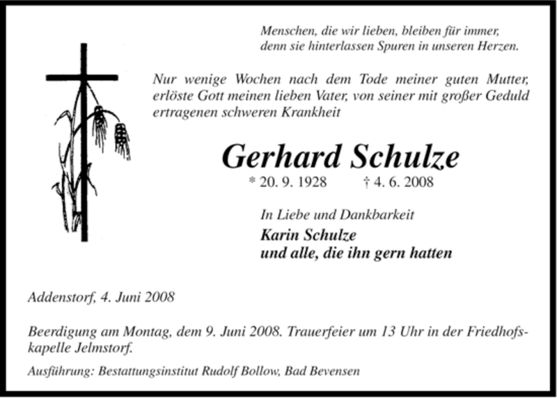  Traueranzeige für Gerhard Schulze vom 06.06.2008 aus ALLGEMEINE ZEITUNG UELZEN