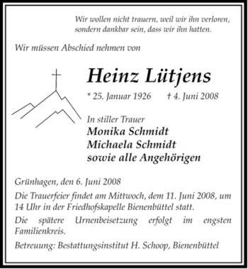 Traueranzeige von Heinz Lütjens von ALLGEMEINE ZEITUNG UELZEN