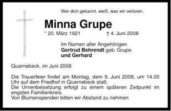 Traueranzeige von Minna Grupe von ALLGEMEINE ZEITUNG UELZEN