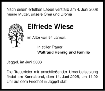 Traueranzeige von Elfriede Wiese von ALLGEMEINE ZEITUNG UELZEN