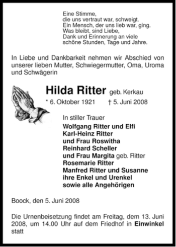 Traueranzeige von Hilda Ritter von ALLGEMEINE ZEITUNG UELZEN