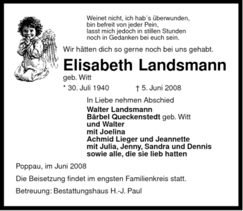 Traueranzeige von Elisabeth Landsmann von ALLGEMEINE ZEITUNG UELZEN