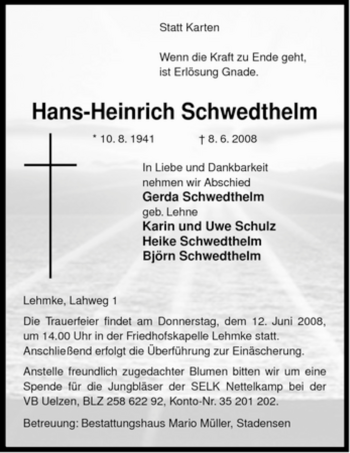 Traueranzeige von Hans-Heinrich Schwedthelm von ALLGEMEINE ZEITUNG UELZEN