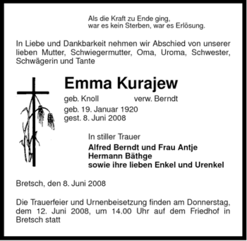 Traueranzeige von Emma Kurajew von ALLGEMEINE ZEITUNG UELZEN