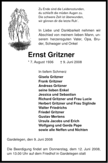 Traueranzeige von Ernst Gritzner von ALLGEMEINE ZEITUNG UELZEN