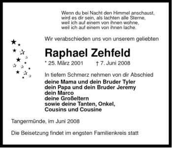 Traueranzeige von Raphael Zehfeld von ALLGEMEINE ZEITUNG UELZEN