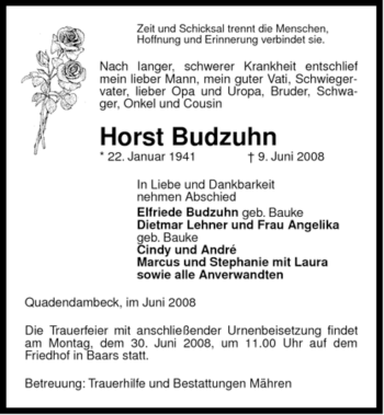 Traueranzeige von Horst Budzuhn von ALLGEMEINE ZEITUNG UELZEN