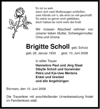 Traueranzeige von Brigitte Scholl von ALLGEMEINE ZEITUNG UELZEN