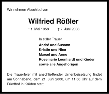 Traueranzeige von Wilfried Rößler von ALLGEMEINE ZEITUNG UELZEN