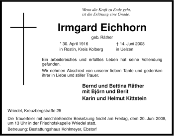 Traueranzeige von Irmgard Eichhorn von ALLGEMEINE ZEITUNG UELZEN