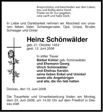 Traueranzeige von Heinz Schönwälder von ALLGEMEINE ZEITUNG UELZEN