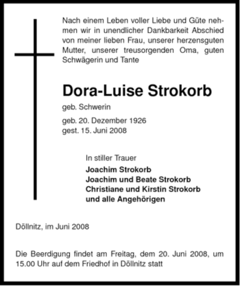 Traueranzeige von Dora-Luise Strokorb von ALLGEMEINE ZEITUNG UELZEN