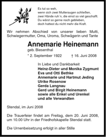 Traueranzeige von Annemarie Heinemann von ALLGEMEINE ZEITUNG UELZEN