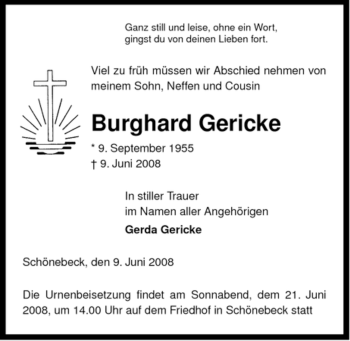 Traueranzeige von Burghard Gericke von ALLGEMEINE ZEITUNG UELZEN