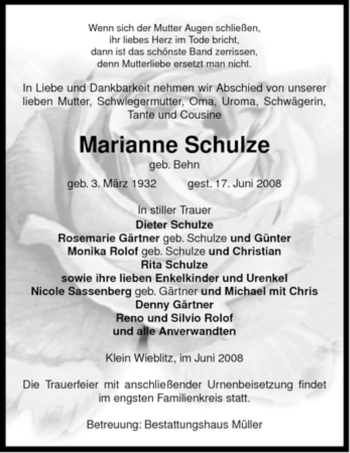 Traueranzeige von Marianne Schulze von ALLGEMEINE ZEITUNG UELZEN