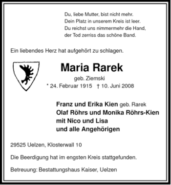 Traueranzeige von Maria Rarek von ALLGEMEINE ZEITUNG UELZEN