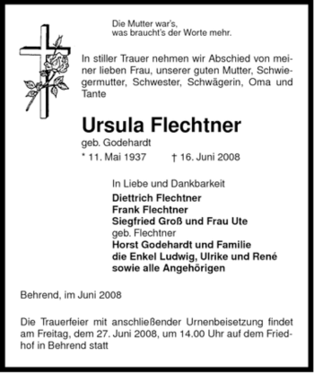 Traueranzeige von Ursula Flechtner von ALLGEMEINE ZEITUNG UELZEN