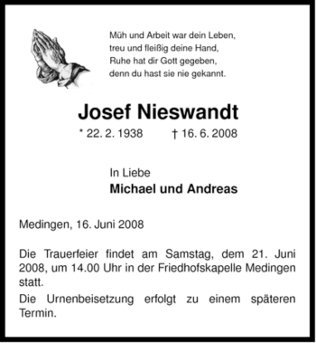 Traueranzeige von Josef Nieswandt von ALLGEMEINE ZEITUNG UELZEN