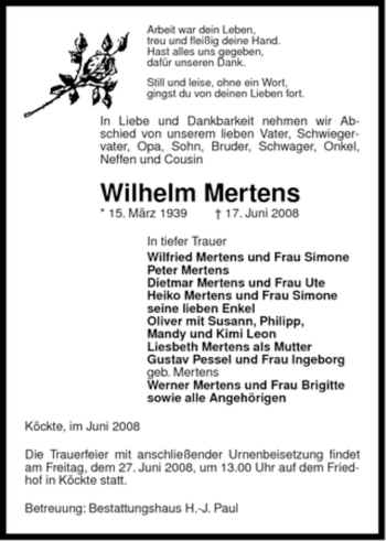 Traueranzeige von Wilhelm Mertens von ALLGEMEINE ZEITUNG UELZEN