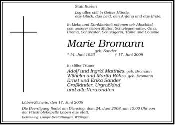 Traueranzeige von Marie Bromann von ALLGEMEINE ZEITUNG UELZEN