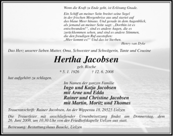 Traueranzeige von Hertha Jacobsen von ALLGEMEINE ZEITUNG UELZEN