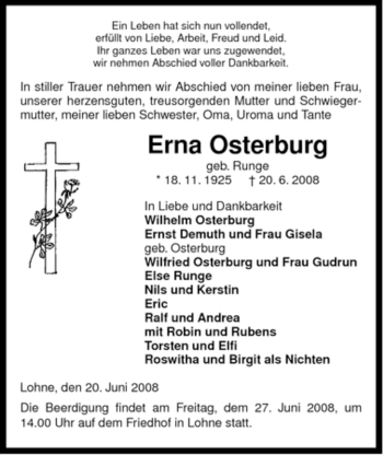 Traueranzeige von Erna Osterburg von ALLGEMEINE ZEITUNG UELZEN