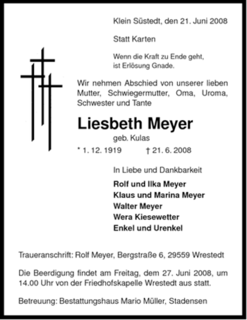 Traueranzeige von Liesbeth Meyer von ALLGEMEINE ZEITUNG UELZEN