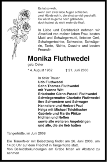 Traueranzeige von Monika Fluthwedel von ALLGEMEINE ZEITUNG UELZEN