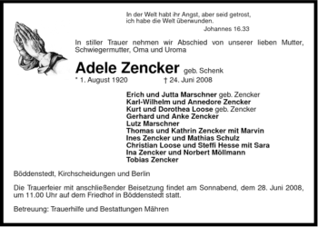 Traueranzeige von Adele Zencker von ALLGEMEINE ZEITUNG UELZEN