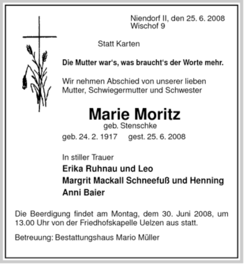 Traueranzeige von Marie Moritz von ALLGEMEINE ZEITUNG UELZEN