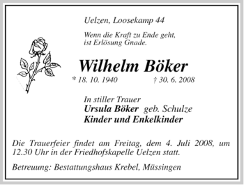 Traueranzeige von Wilhelm Böker von ALLGEMEINE ZEITUNG UELZEN