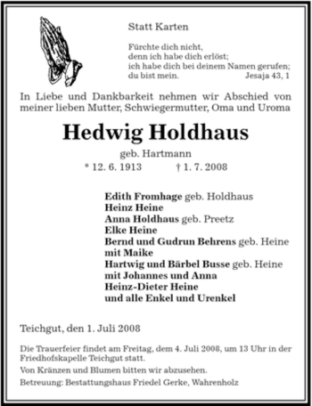 Traueranzeige von Hedwig Holthaus von ALLGEMEINE ZEITUNG UELZEN