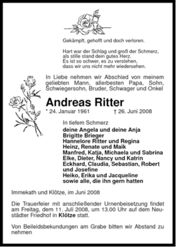 Traueranzeige von Andreas Ritter von ALLGEMEINE ZEITUNG UELZEN