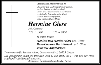 Traueranzeige von Hermine Giese von ALLGEMEINE ZEITUNG UELZEN