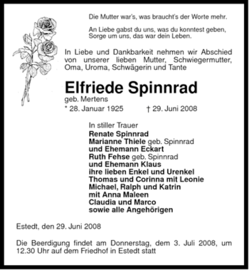 Traueranzeige von Elfriede Spinnrad von ALLGEMEINE ZEITUNG UELZEN