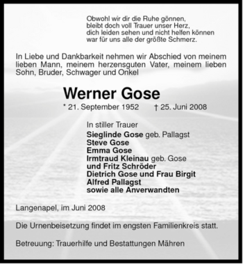 Traueranzeige von Werner Gose von ALLGEMEINE ZEITUNG UELZEN