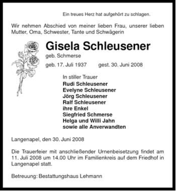 Traueranzeige von Gisela Schleusener von ALLGEMEINE ZEITUNG UELZEN