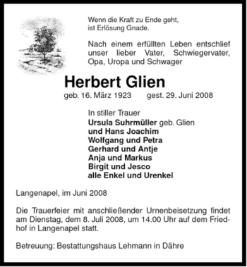 Traueranzeige von Herbert Glien von ALLGEMEINE ZEITUNG UELZEN