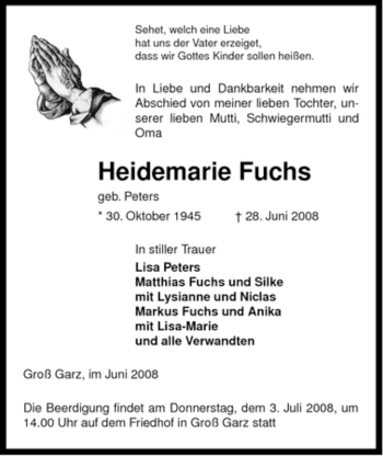 Traueranzeige von Heidemarie Fuchs von ALLGEMEINE ZEITUNG UELZEN