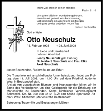 Traueranzeige von Otto Neuschulz von ALLGEMEINE ZEITUNG UELZEN