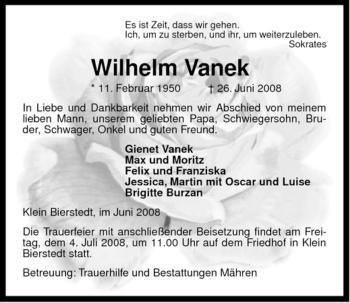 Traueranzeige von Wilhelm Vanek von ALLGEMEINE ZEITUNG UELZEN