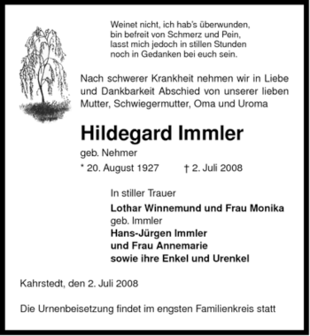 Traueranzeige von Hildegard Immler von ALLGEMEINE ZEITUNG UELZEN